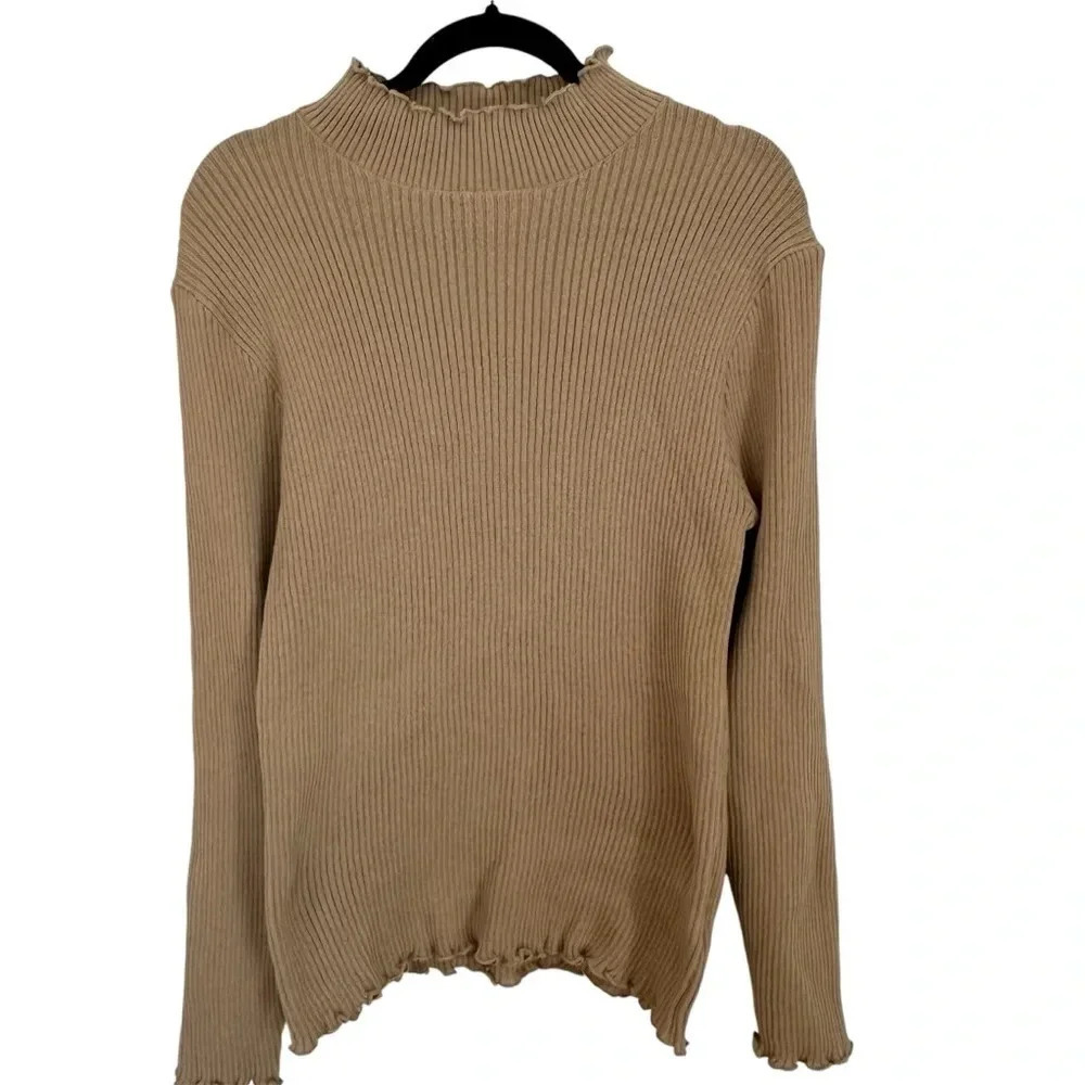 Shein Curve Women's Long Sleeve Tan Ribbed Ruffle Hem Turtleneck Top Sz 2XL GUC